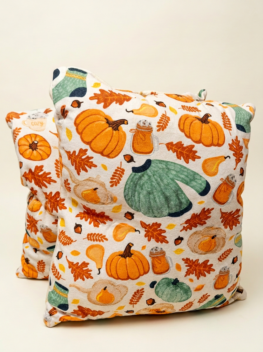 Fall decorative pillow patterned with pumpkins, leaves, drinks, and sweaters