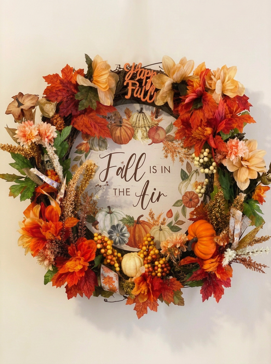 Fall wreath with flowers, pumpkins, leaves, and Fall is in the Air sign
