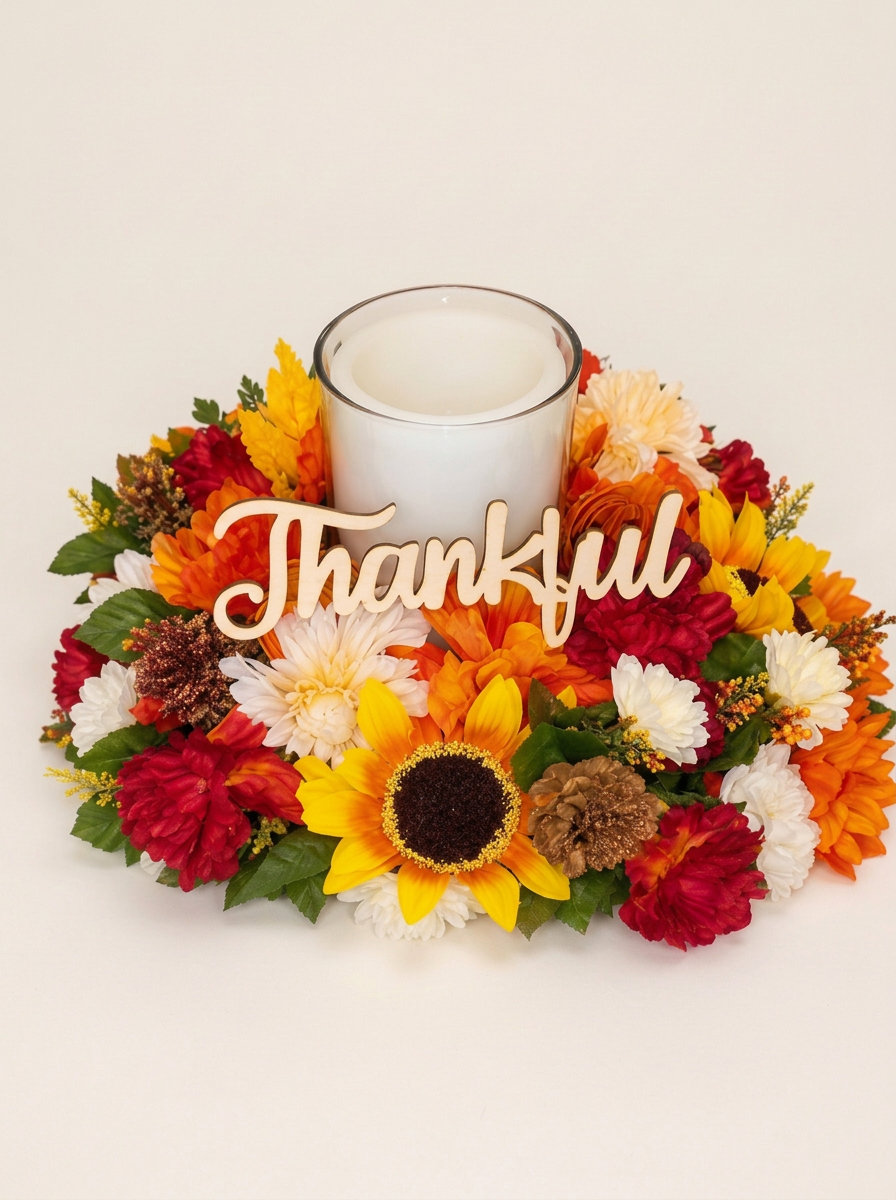 Autumn flower centerpiece with a glass candle holder and wooden Thankful sign
